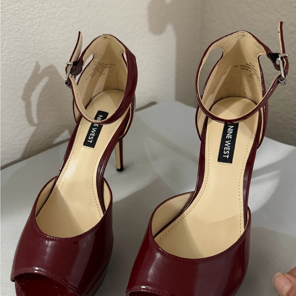 Nine West Burgundy Patent Peep-Toe Ankle-Strap Heels